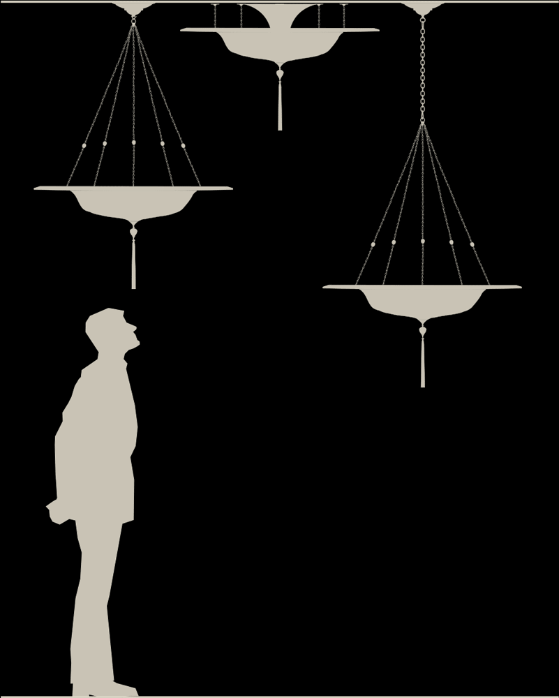Lampada in seta Fortuny Scudo Saraceno con anello metallico dimensioni reali