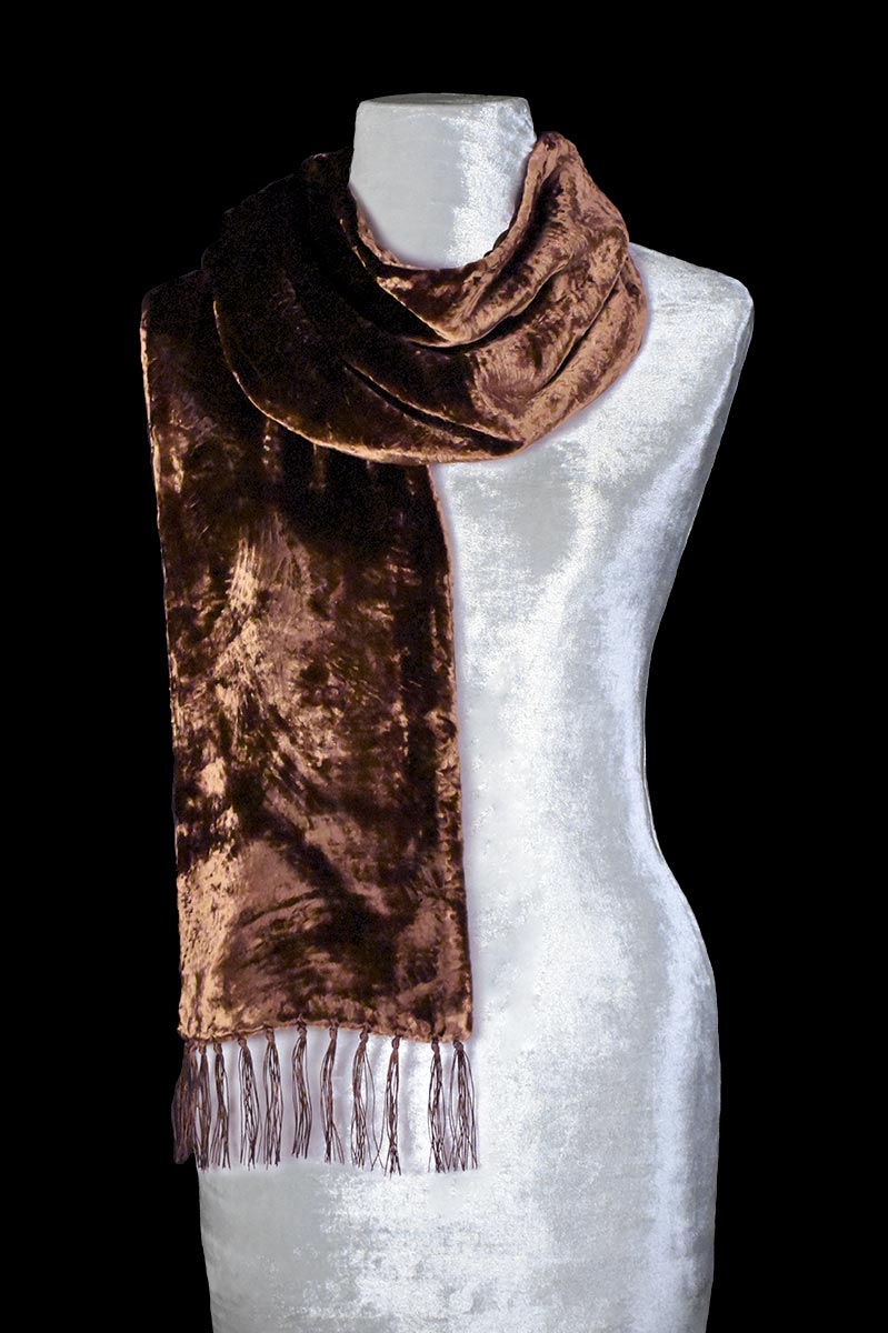 Fortuny cocoa furrowed velvet scarf with fringes