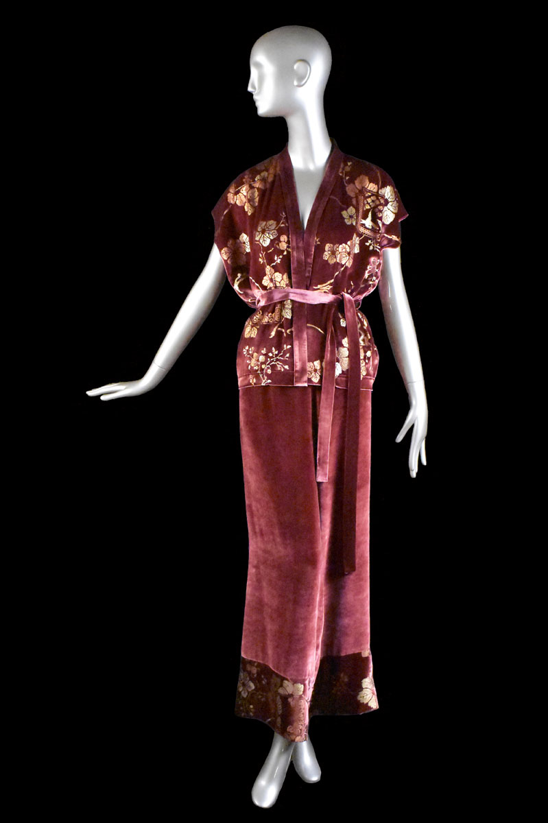Completo Riassunto con giacca e pantaloni in velluto stampato rosso rubino  - Fortuny