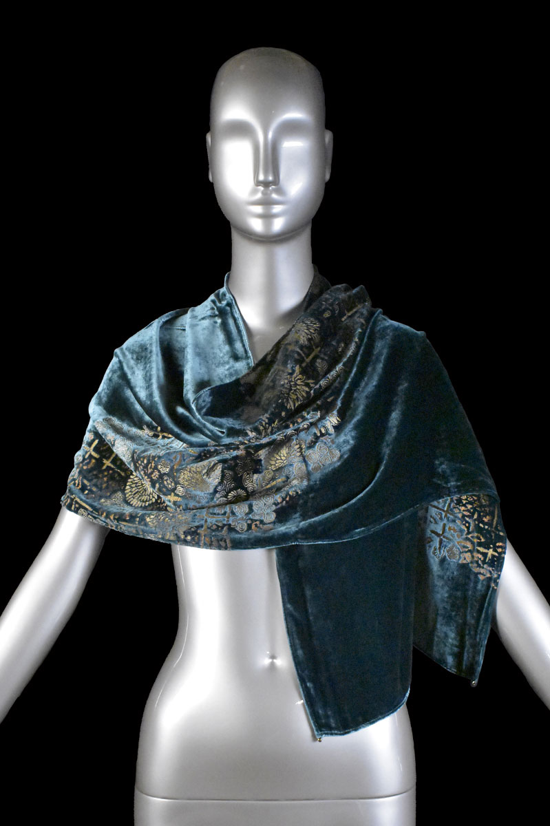 Sciarpa Fortuny in velluto stampato con perle in vetro di Murano