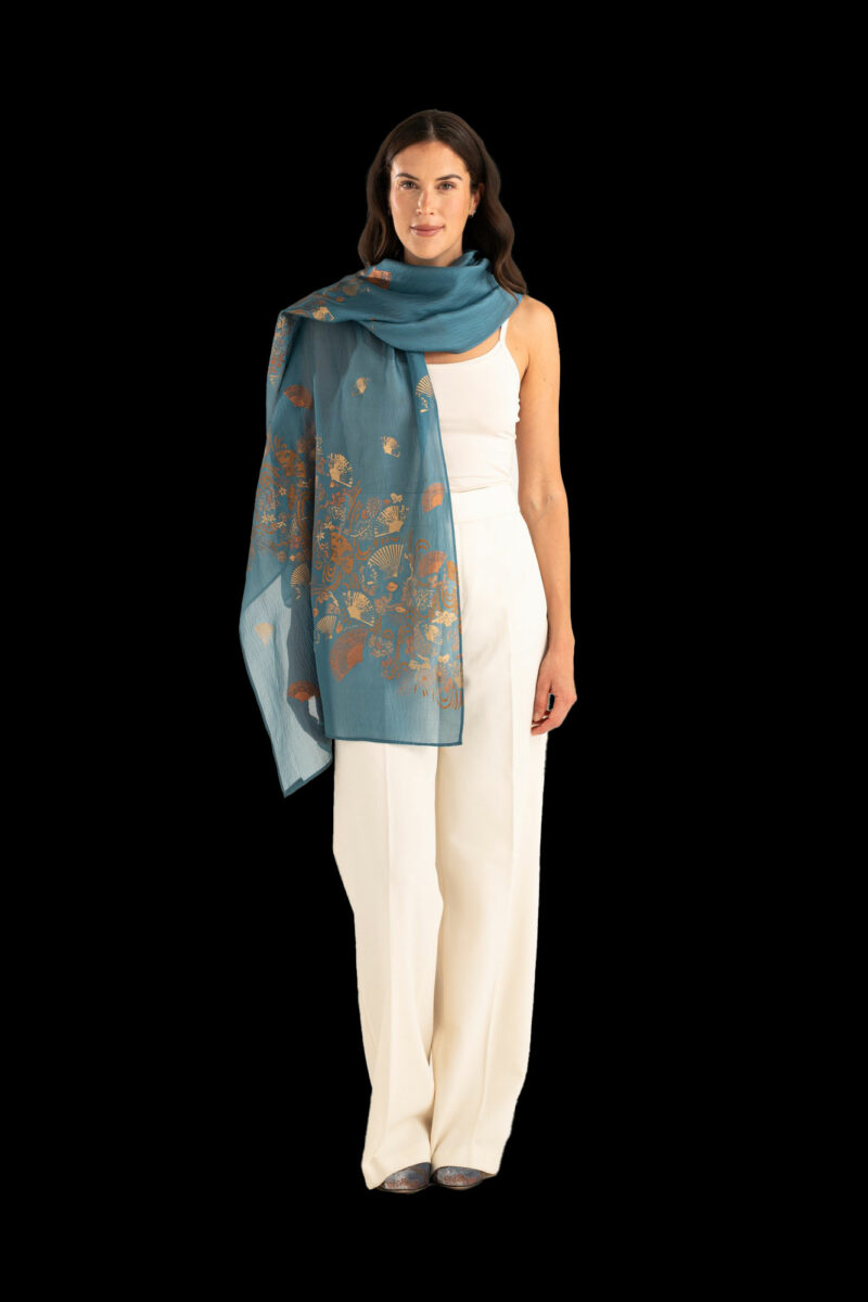 Sciarpa in Crepe Georgette | Ventagli Teal chiaro